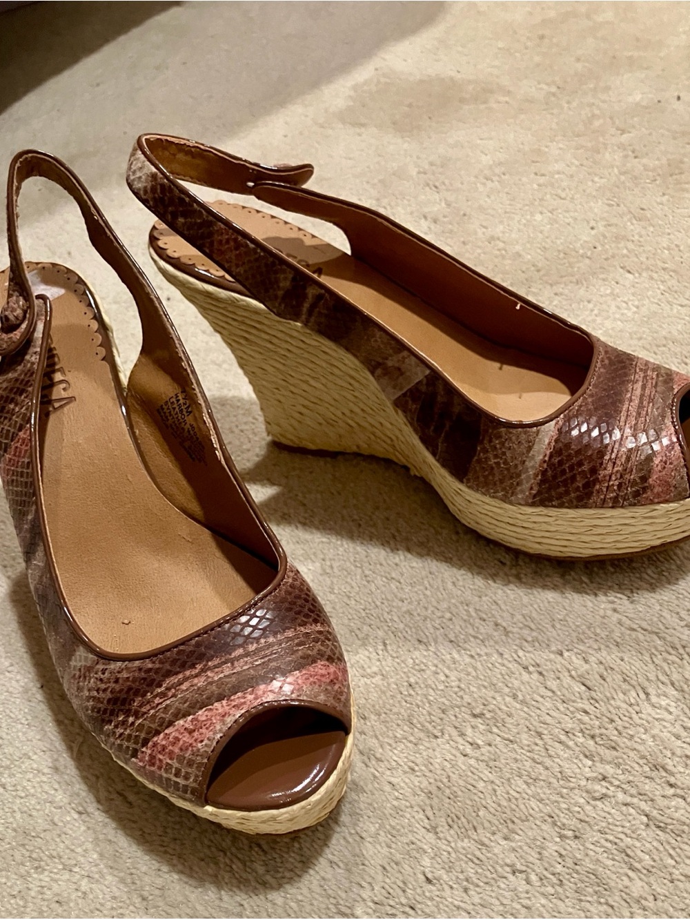 Neutral Brown Snake-Print Peep-Toe Wedge Slingback